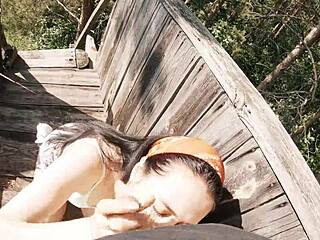 Outdoor facefuck leads to sloppy swallow
