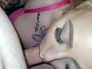 Hot blonde gets facial after giving blow job