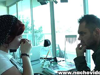 Nacho’s Office Blowjob With Redhead In Rubber Mask