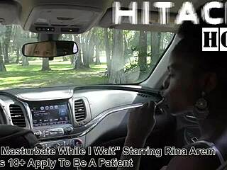 rina arems just plays with hitachi wand in car while waiting! 😏