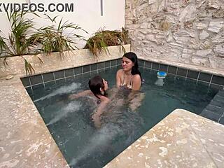 two hot latinas finger each other in a public pool fearing discovery
