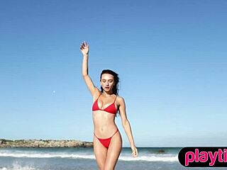 Petite Asian Milf Strips with Ukrainian Brunette Babe at Beach. Their Clothes Rip as They Tease.