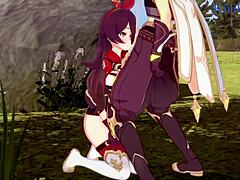 amber and fischl have intense sex with aether in genshin hentai