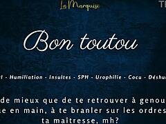 In this french femdom video, the mistress gives jerk off instructions to her good dog