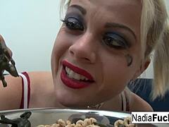 Hot Nadia Eats Cereal, Surrounded by Sexy Soldiers