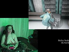 Naked brunette with big tits at lake house