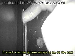 Brazilian housewife in miniskirt invites friend to gloryhole booth for fun.