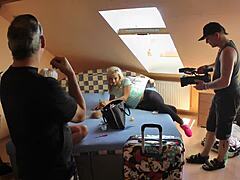 Big dick blowjob threesome in school uniforms and heels backstage