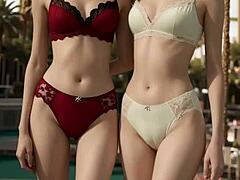 These cute models appear in their everyday underwear for a casual scene.