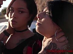 Young Stunners Cuffed and Fucked Hard by Police Officer in Outdoor Threesome with Rough Riding and Cumshot