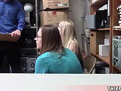 in a tense shop scenario, cute teen Emma endures rough doggy-style fucking from a security guard as her boyfriend watches helplessly