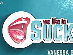 This amateur blonde starts teasing with ball licking in lingerie. Then she sucks cock close-up in the bedroom.