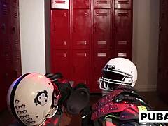 these football fanatic lesbians got together in the locker room, stripping down and exploring each other intimately on the bench