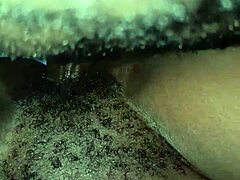 he gently fucks his petite wife's hairy wet pussy in missionary until cumming inside