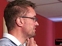 Lusty British blonde babe in stockings and heels teases with striptease and jerk off instructions.