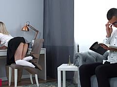 Nerd experiments with anal sex on slim tattooed blonde in rough doggystyle and cowgirl positions