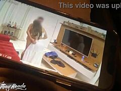 oh wow, the cuckold husband catches his hot wife fucking the friend on the home sofa via security camera