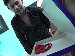 Whoa, check this sexy milf handling two wet cocks in a steamy threesome on the sofa