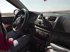 teen girl next door and her slutty friend give rough public blowjob turn by turn with cum swallowing during car trip in ffm threesome