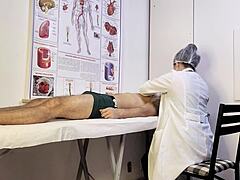 Patient gets unexpectedly hard during exam with the nurse, leading to intriguing bareback handjob and deepthroat in hospital setting with Brazilian flair.
