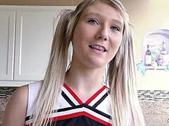 Petite Pigtails Cheerleader Step-Daughter Experiences First Time Fuck with Older Guy After Vibrator Orgasm and Deepthroat