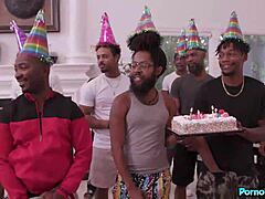 Oh yeah, it's my birthday, and I'm sucking all these huge black cocks deep, Coco Lovelock here getting face fucked and rimming.