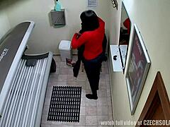 i love spying on this european brunette fingering her pussy in the tanning bed