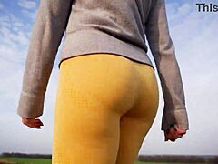 Women Teasing in Tight Yoga Pants While Walking Outdoors