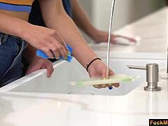 Hey, that naughty boyfriend sucked my tits while washing dishes