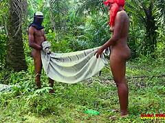 In the dense bush, she struggled at first with the intense pleasure from two massive black cocks. But soon, the young milf surrendered to the wild threesome, enjoying every thrust in doggystyle.