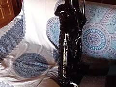 total black with fishnets pantyhose and boots over the knee. hey, check out this all-black outfit with fishnets and knee-high boots