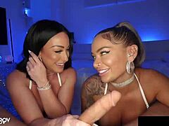 curvy babes hayley davies and jennifer white share a throbbing cock in wild threesome action bending over for doggystyle rides and deepthroats