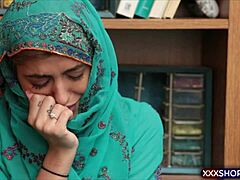 Innocent hijab shoplifter bent over roughly fucked doggystyle by old guard backstage