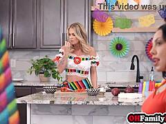 stepdaughter jumps on stepdad's cock while milf dives in for sloppy sucks