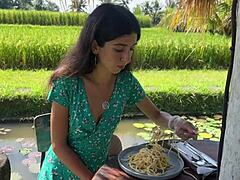 Cumwalk beauty savors pasta lunch with sticky facial glaze in crowded cafe