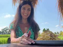 Cumwalk beauty savors pasta lunch with sticky facial glaze in crowded cafe