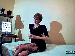 step cousin poses sexy in red lingerie then sucks cock and takes pussy pounding on bed