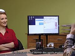 rousse czech redhead teen gives sloppy blowjob and fucks hard for cash in spontaneous office sex casting with couple