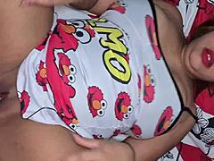 POV brunette best friend with big natural tits blows pregnant cock monster