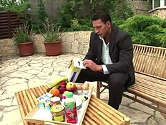 Blonde milf maid seduces guy into hardcore anal threesome