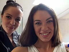 French lesbian fuck dolls Tiffany and Dolly soap up small tits in steamy bathtub session