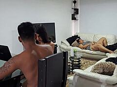 Intrigued by latina mommy fingering wet pussy while chubby stepdaughter studies nearby?