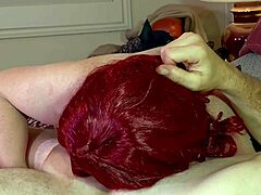 Redhead Mature Angel Kneels Sucking Cock in Stockings Corset Heels