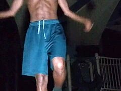 skinny brunette workouts in park gym solo