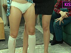 stepmom shows stepdaughter how to ride daddy's cock then swaps his cum mouthful in hot ffm taboo bed threesome