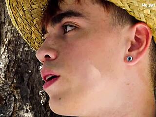 Farmer twink stroking and sucking on the ranch, damn hot! 😈