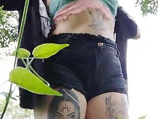 Young and adventurous teen enjoys to perform for men in the woods